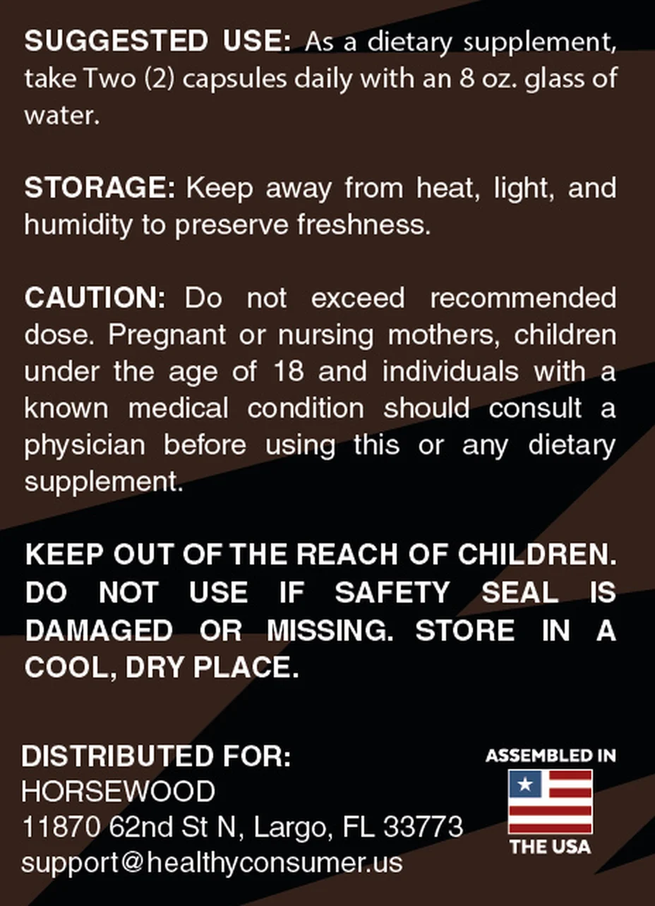 HorseWood label directions, storage and caution text